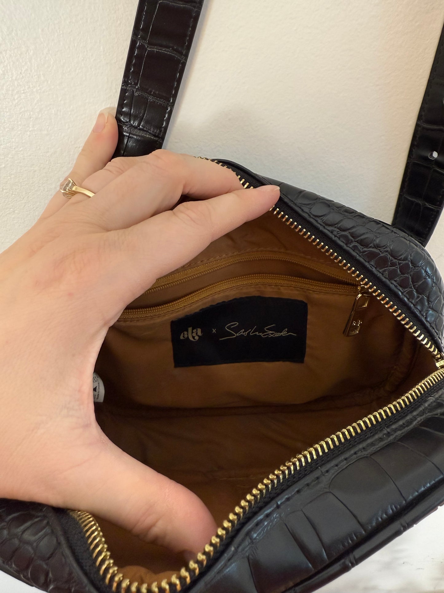 ELA x Sasha Exeter Vegan Crossbody Bag in Black Croc