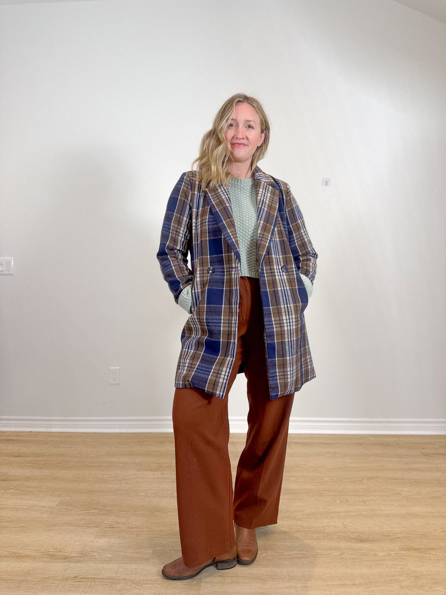 ICHI Plaid Coat in Navy/Brown (Size M/L)