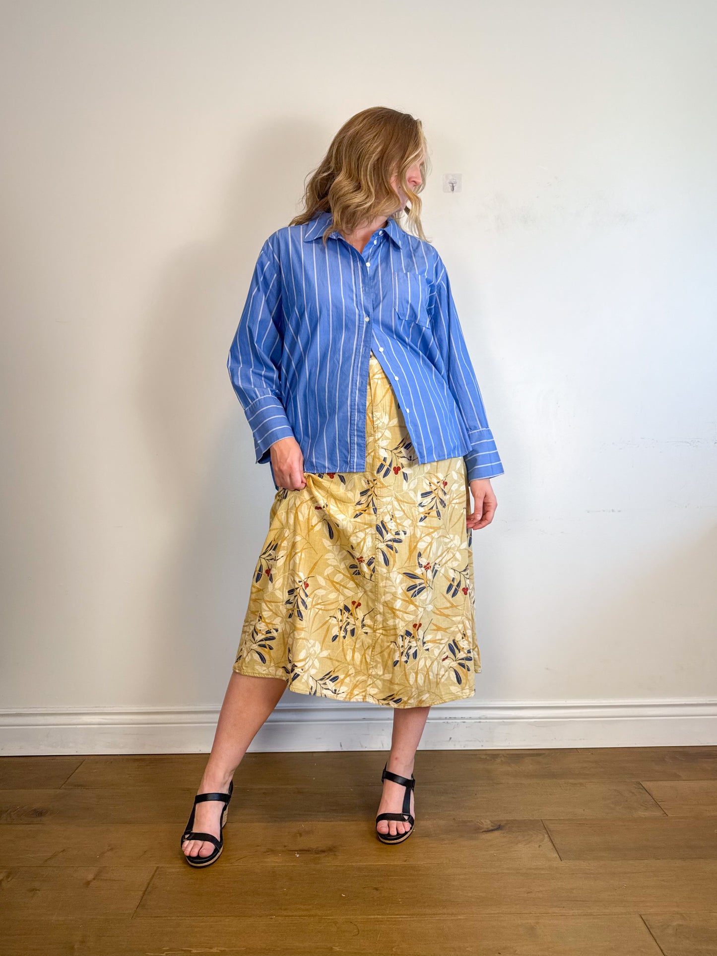 Vintage Liz Linen Floral Midi Skirt (Size L)
