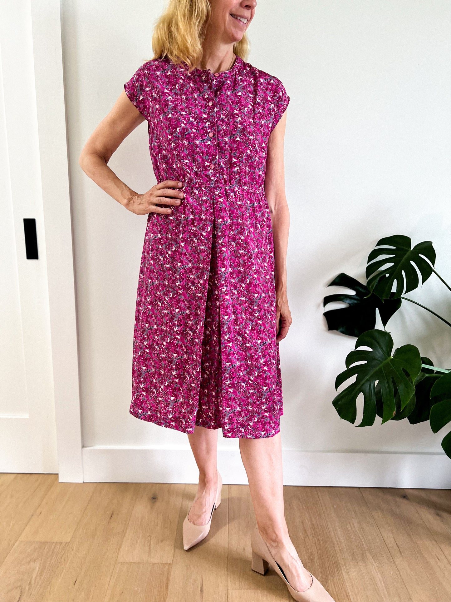 Vintage Pink Floral Midi Dress (Size M)