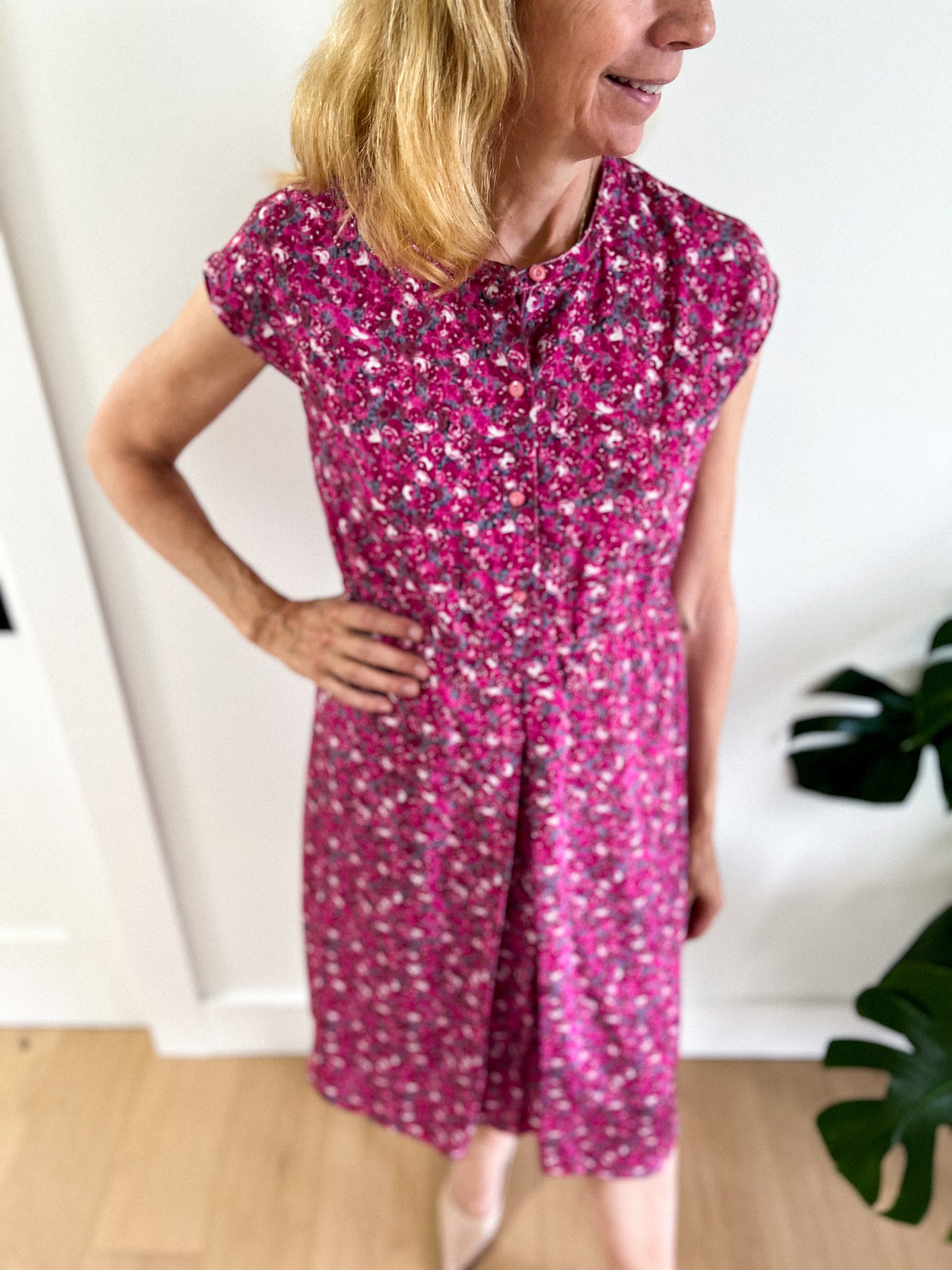 Vintage Pink Floral Midi Dress (Size M)