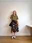Vintage Abstract Floral Print Midi Skirt in Black/Orange (Size M)