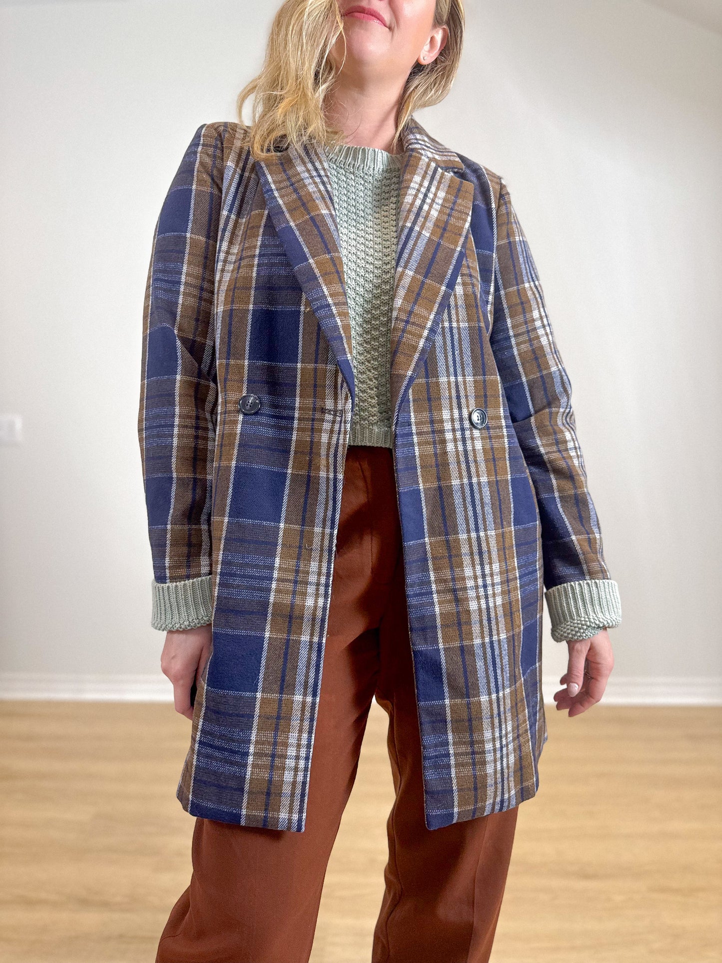 ICHI Plaid Coat in Navy/Brown (Size M/L)