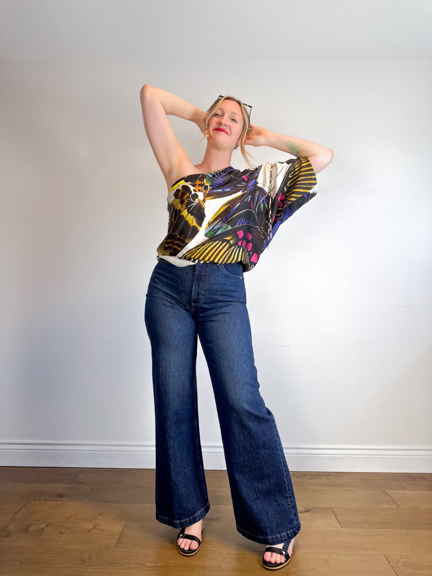 Roberto Cavalli "Multicolor Abstract Butterfly Silk One Shoulder Blouse" (Size M/L)