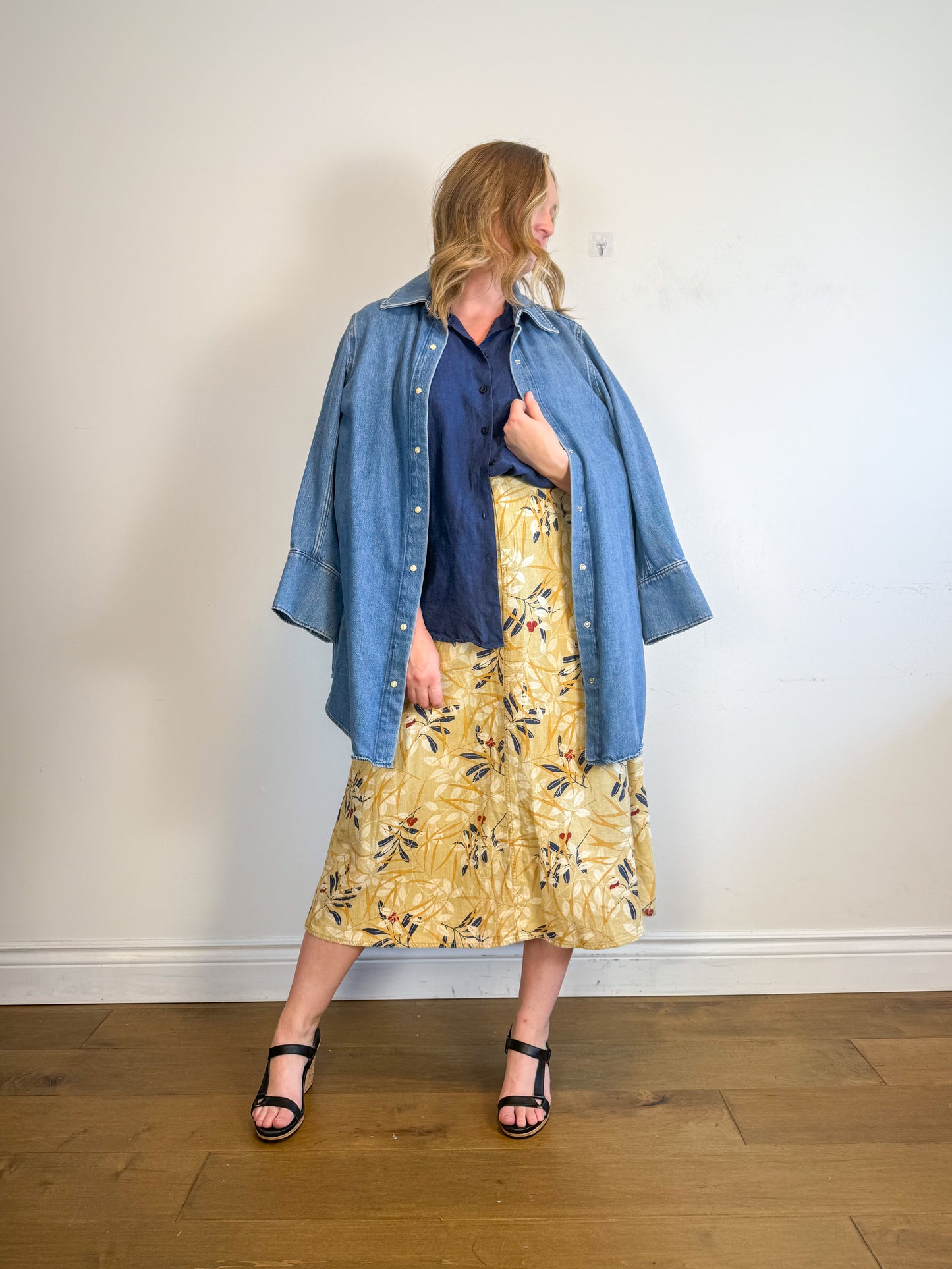 Vintage Liz Linen Floral Midi Skirt (Size L)