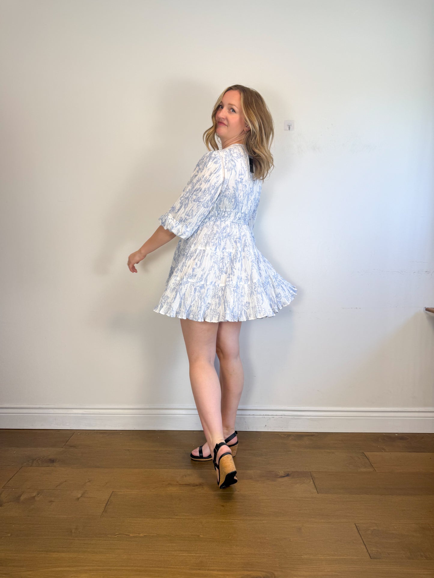 MAJE "Patterned Pleated Dress in Blue/White" NWT (Size M/L)