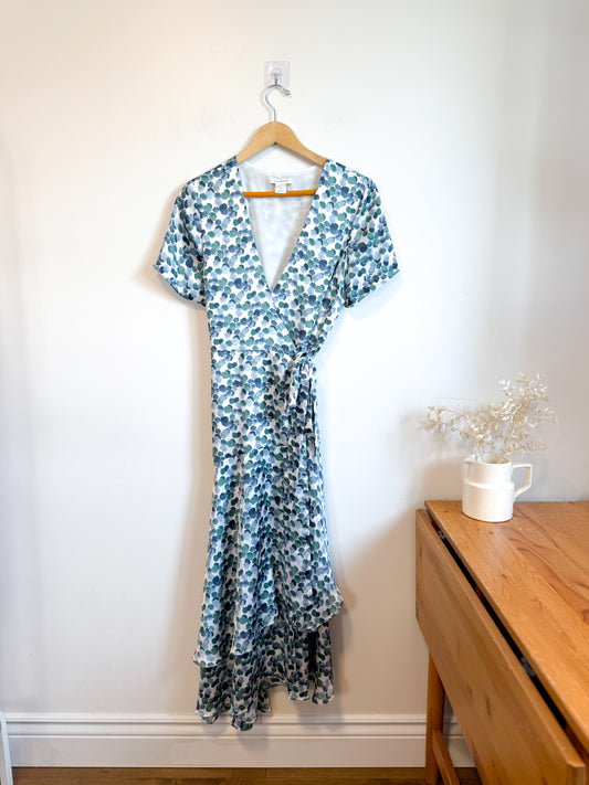 Club Monaco Wrap Dress in White/Blue/Green Print (Size M)