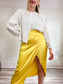 Zara Yellow Satin Midi Ruched Skirt (Size L)