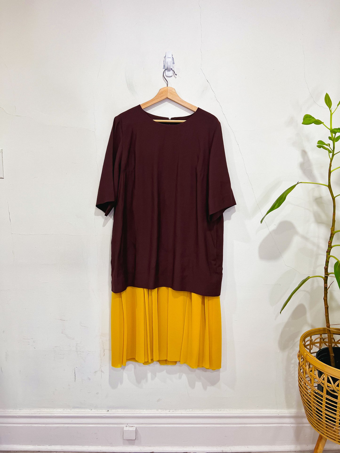 COS Maroon Oversized Dress with Yellow Chiffon Panel (Size L)