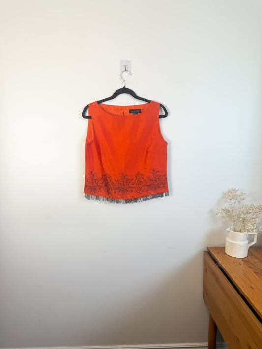 Vintage Silk Beaded Sleeveless Top in Orange (Size M)