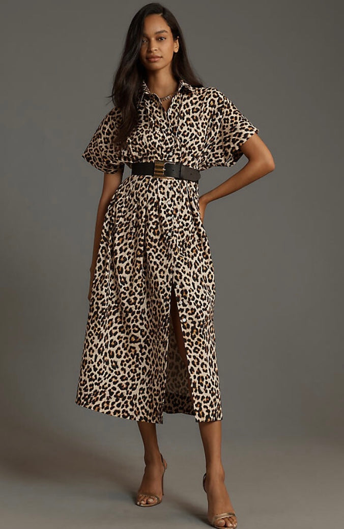Anthropologie "The Tobie Leopard Print Midi Shirt Dress by Exquise" (Size S)