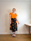 Vintage Abstract Floral Print Midi Skirt in Black/Orange (Size M)