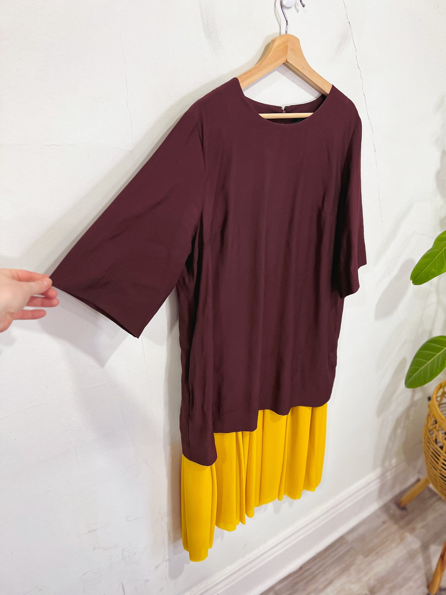 COS Maroon Oversized Dress with Yellow Chiffon Panel (Size L)