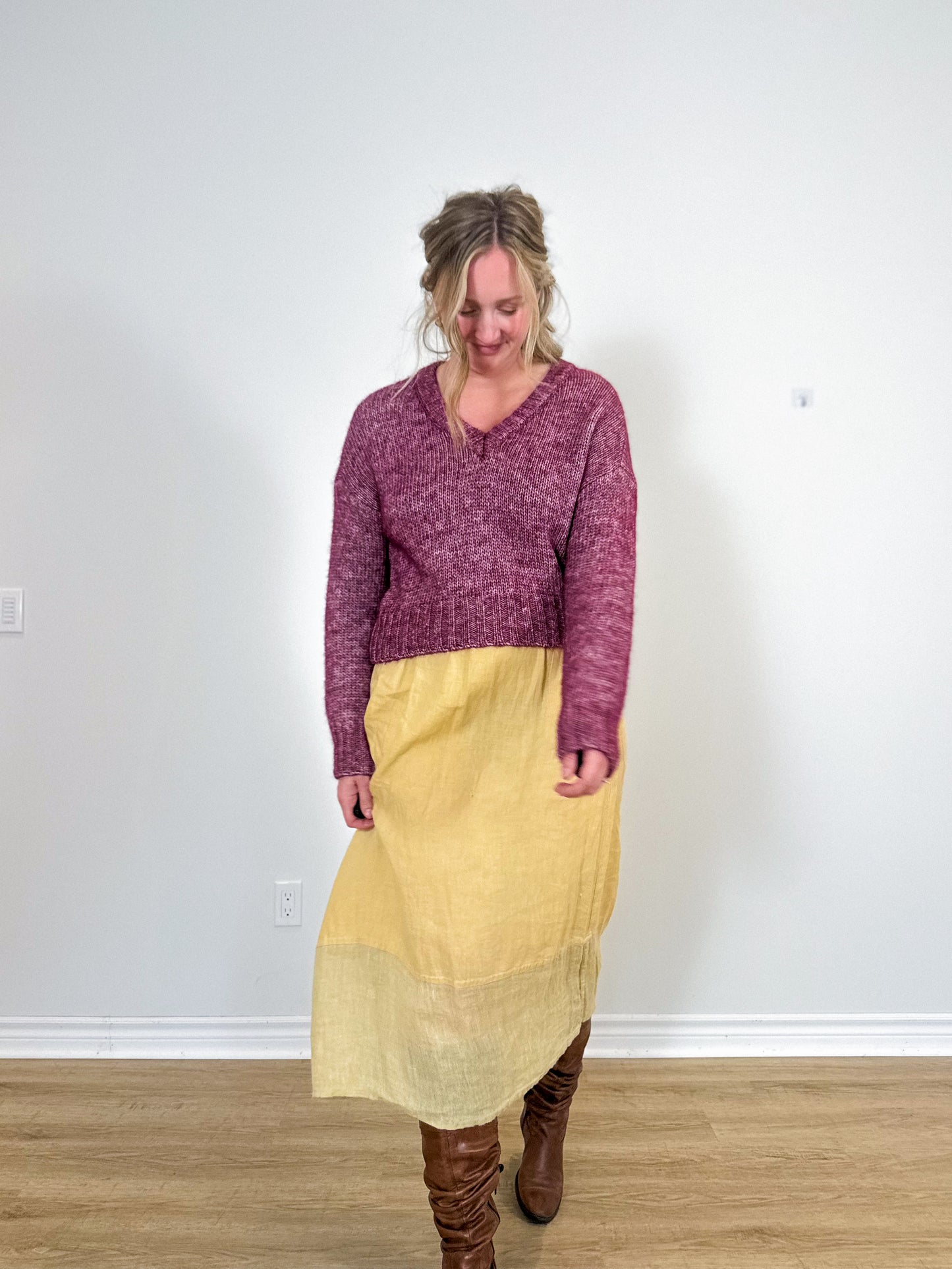 FLAX Linen Midi Skirt in Butter Yellow (Size L)