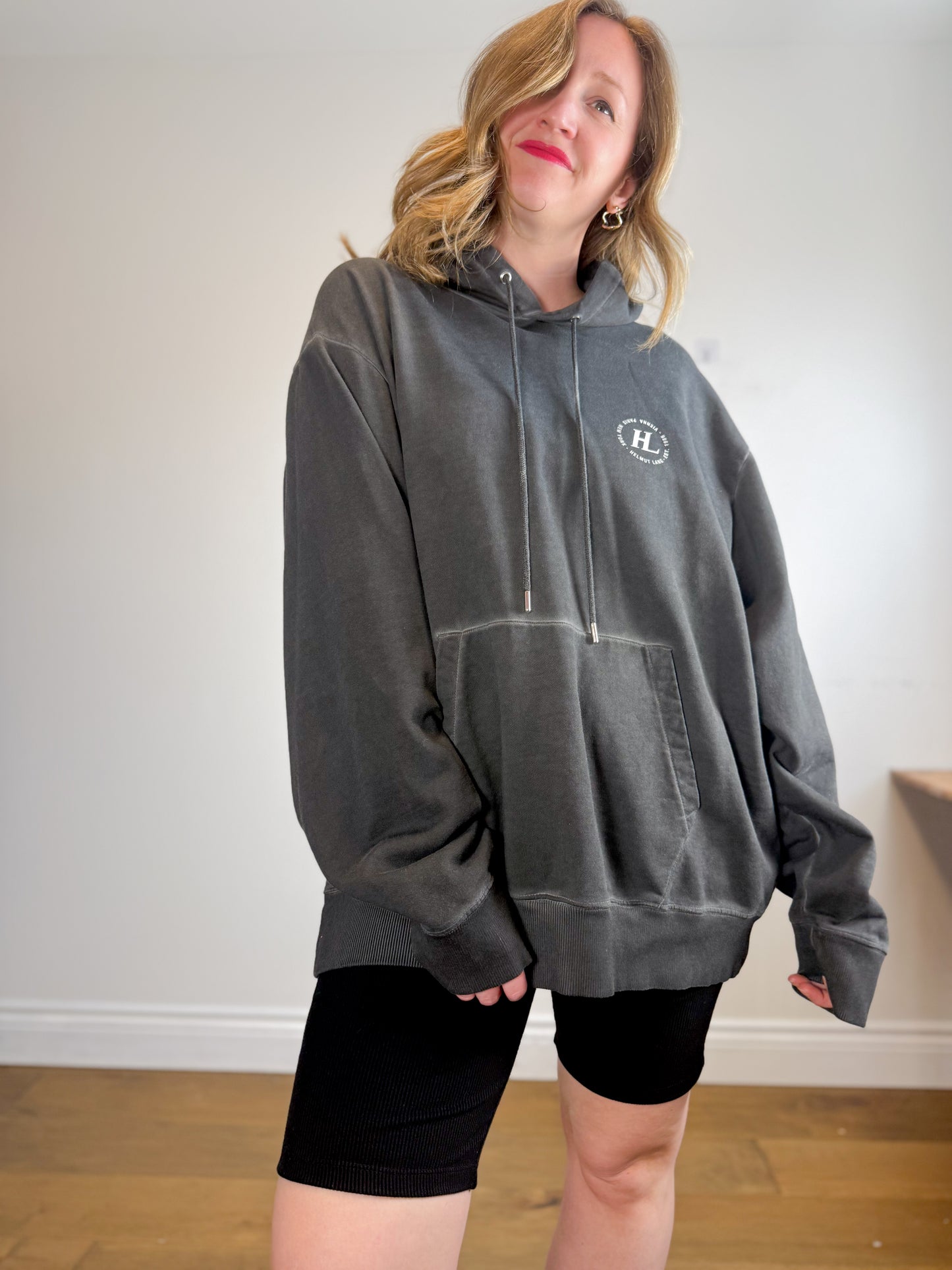 HELMUT LANG Designer Logo Hoodie Sweatshirt in Grey (Size XXL)