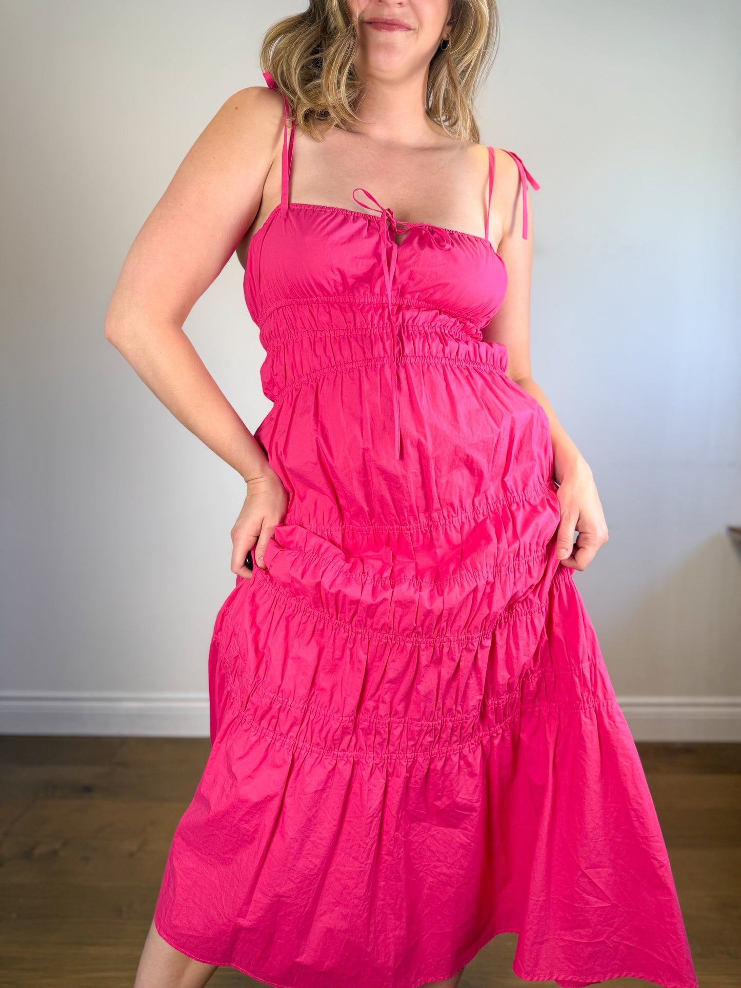 NICHOLAS THE LABEL "Halia Shirred Ramie Dress in Pink" (Size S/M)