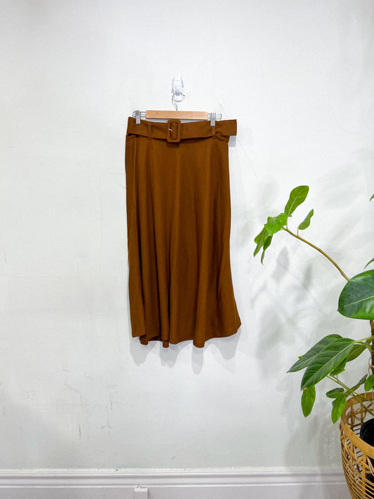 Massimo Dutti Flared Belted Midi Skirt with Belt in Brown (Size L)