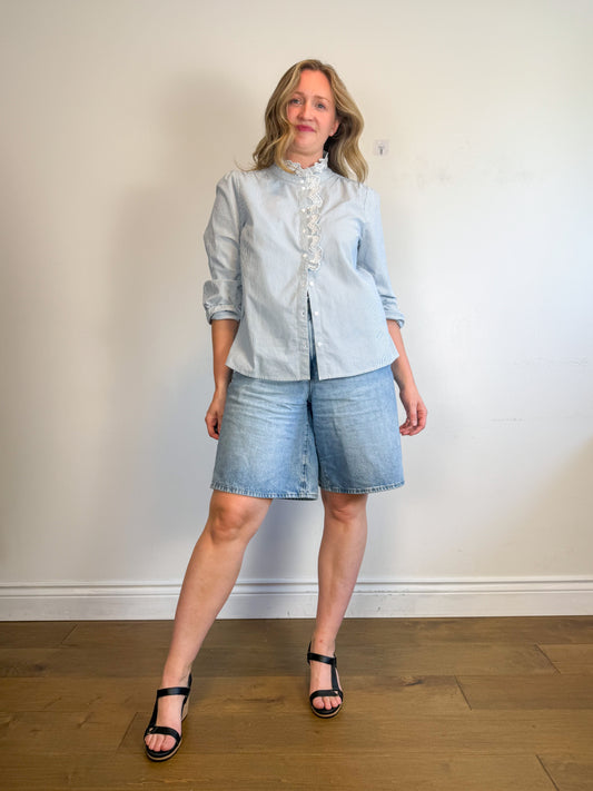 Sezane "Chlo Shirt in Blue/White Stripe" (Size L/XL)