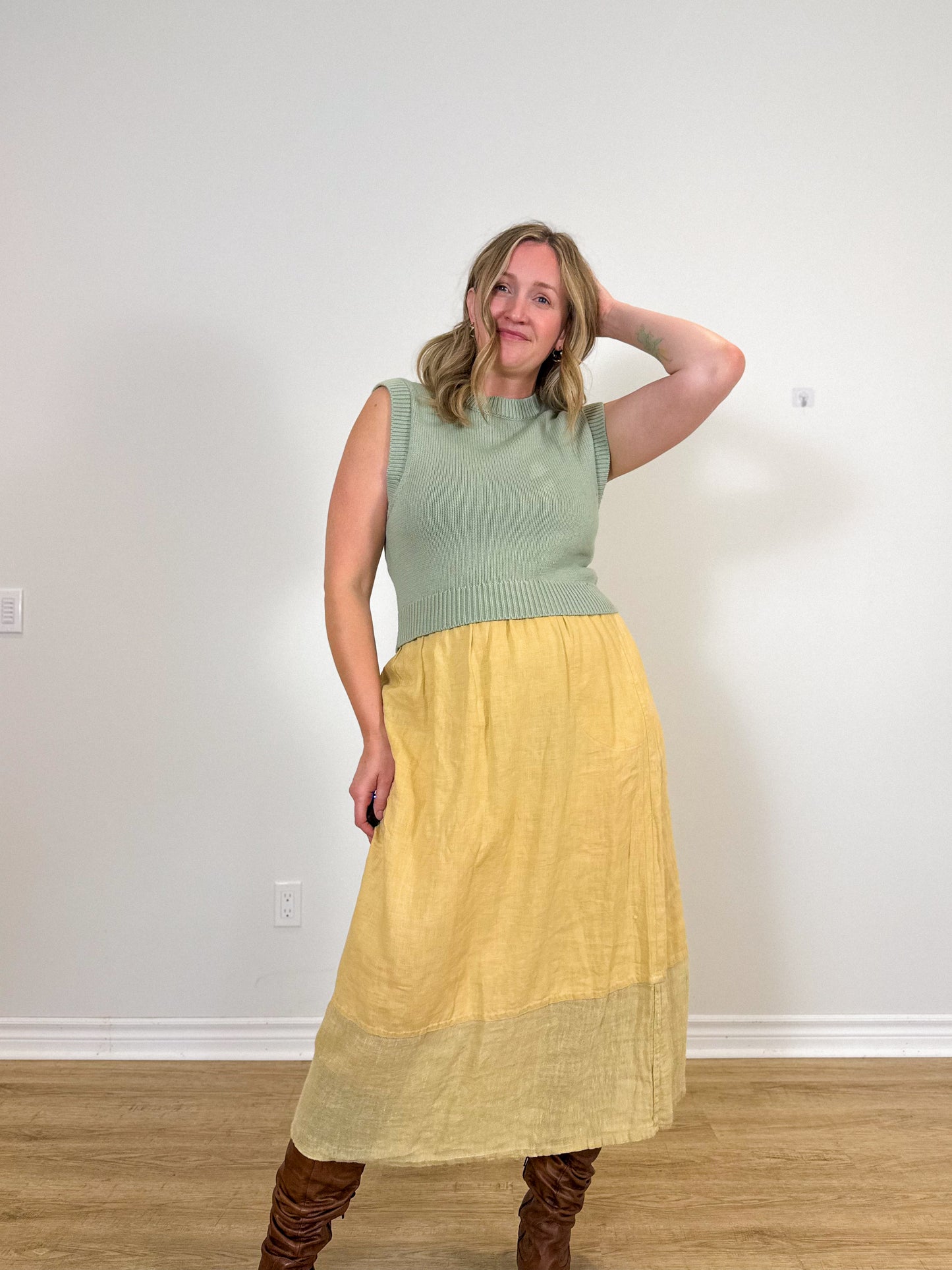 FLAX Linen Midi Skirt in Butter Yellow (Size L)
