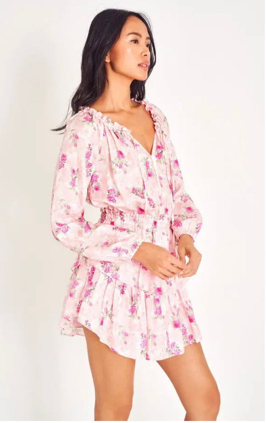 LoveShackFancy "Popover Silk Mini Dress in Pink Floral" (Size XS/S)