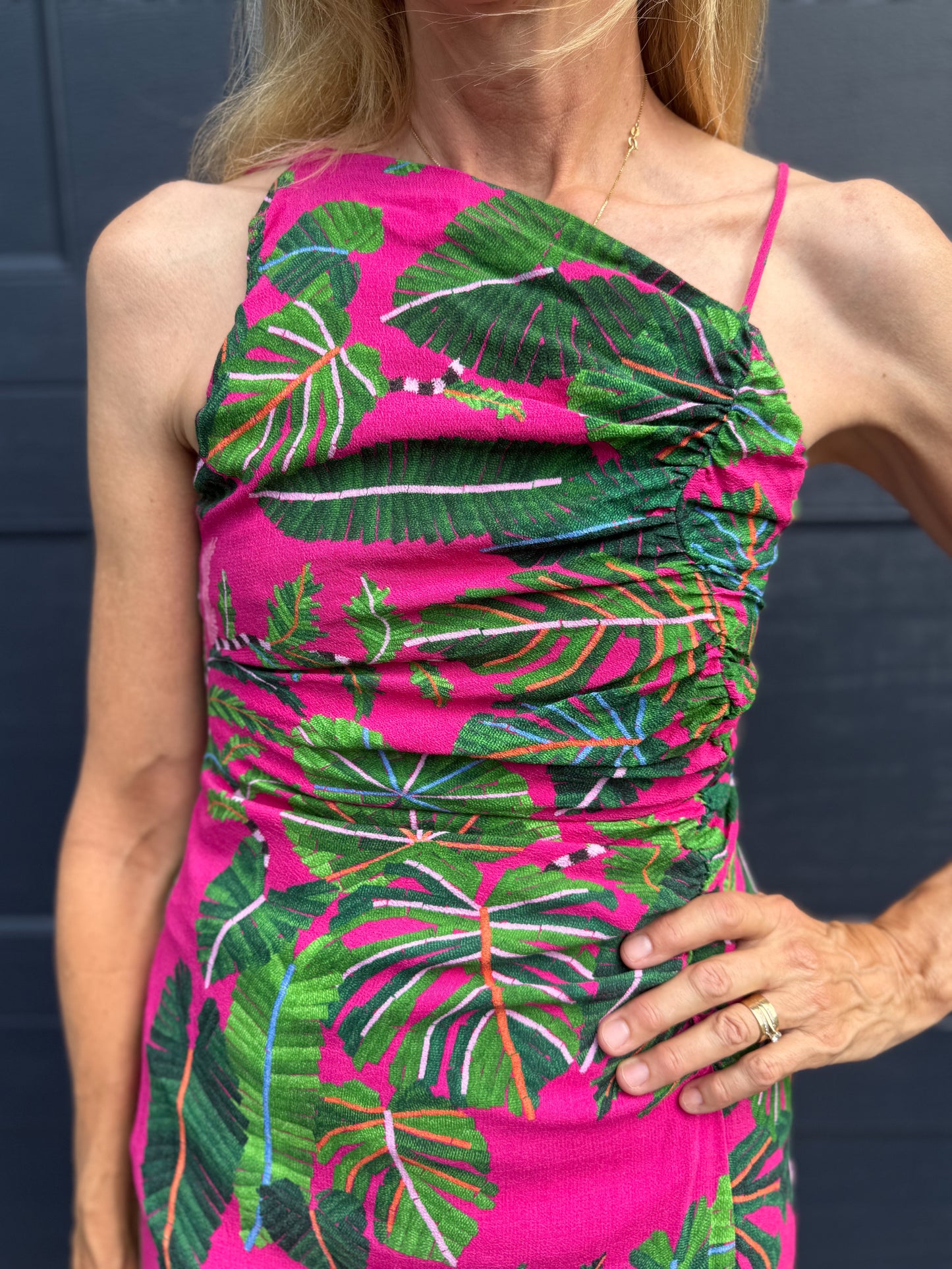 FARM RIO "Leaves Midi Dress in Hot Pink/Green" (Size S)