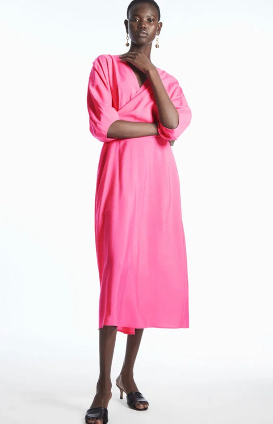 COS Puff Sleeve Midi Dress in Hot Pink (Size M/L)