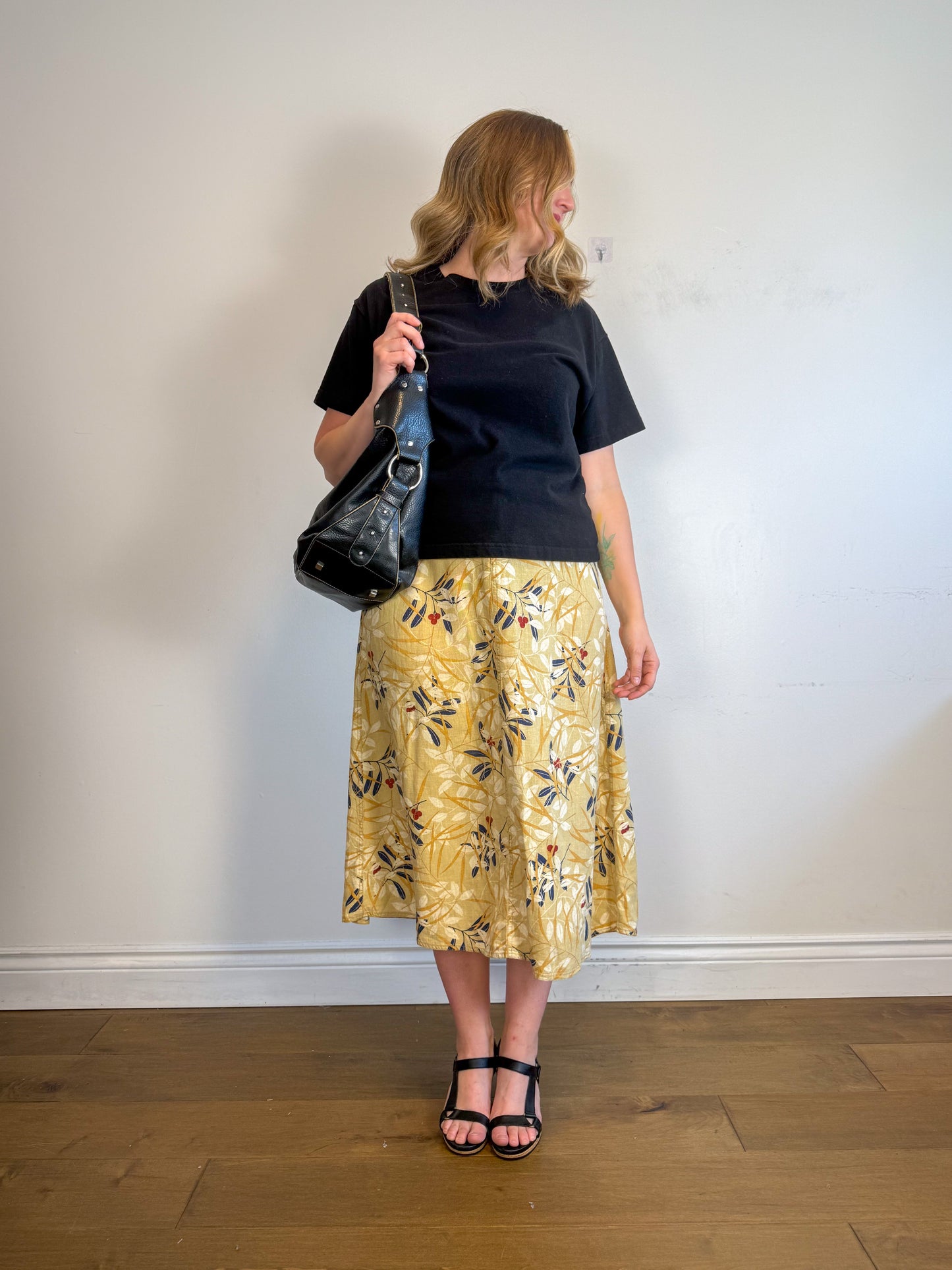 Vintage Liz Linen Floral Midi Skirt (Size L)