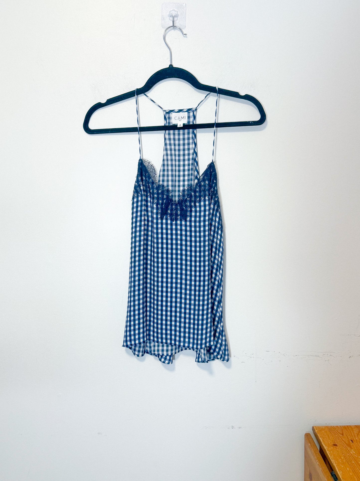 CAMI NYC "Racer Charmeuse Silk Camisole in Blue/White Check" (Size S)