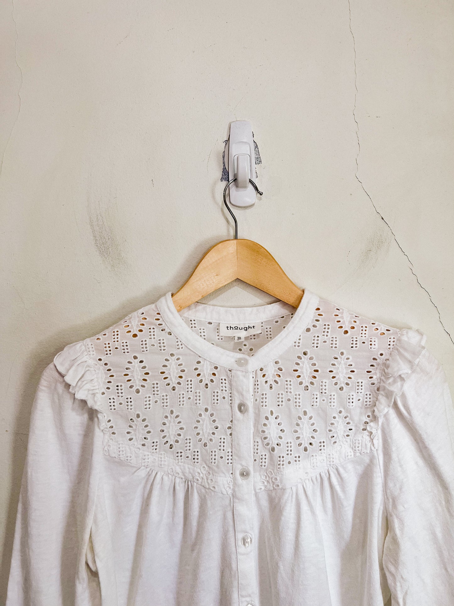 Thought Eyelet Ruffle Long Sleeve Top in White (Size 10)