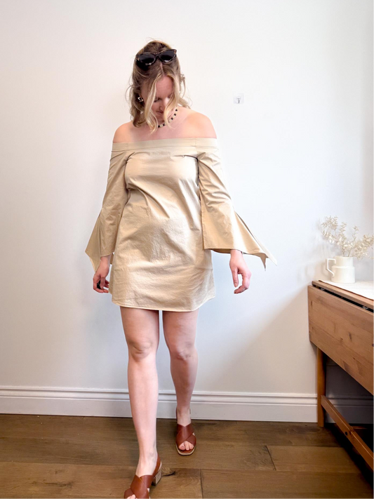 Tibi Off the Shoulder Cotton Crepe Mini Dress in Beige (Size S)