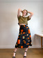 Vintage Abstract Floral Print Midi Skirt in Black/Orange (Size M)
