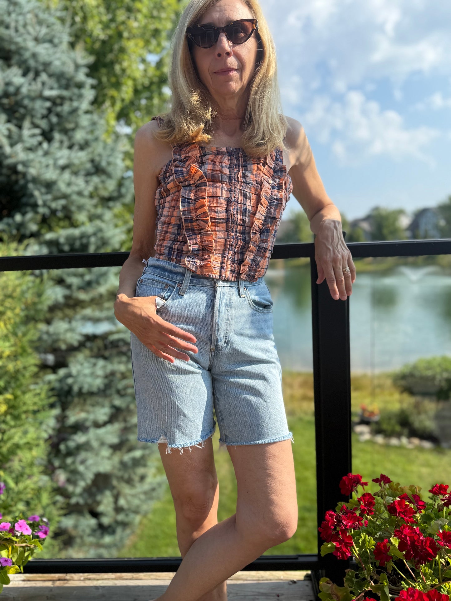 Anthropologie "Verb Ruffled Plaid Tank in Orange/Navy" NWT (Size XS-M)