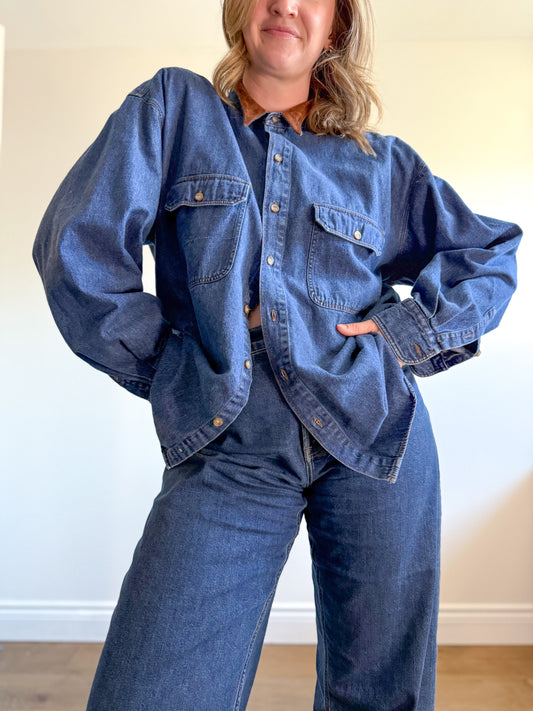 Vintage Denim Button Down with Brown Suede Collar (Size XL)