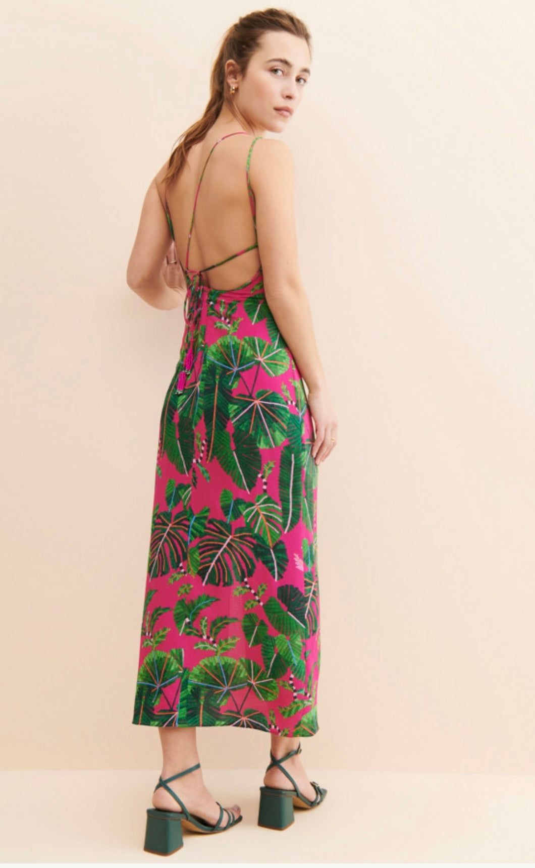 FARM RIO "Leaves Midi Dress in Hot Pink/Green" (Size S)