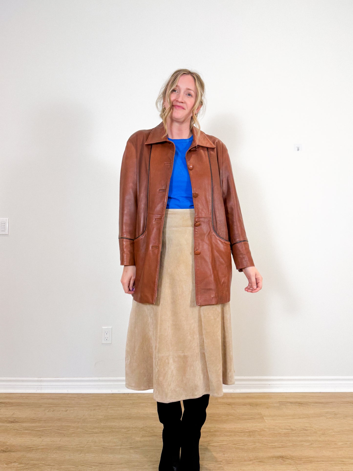 Vintage Leather Midi Skirt in Beige SOLD AS IS (Size XL)