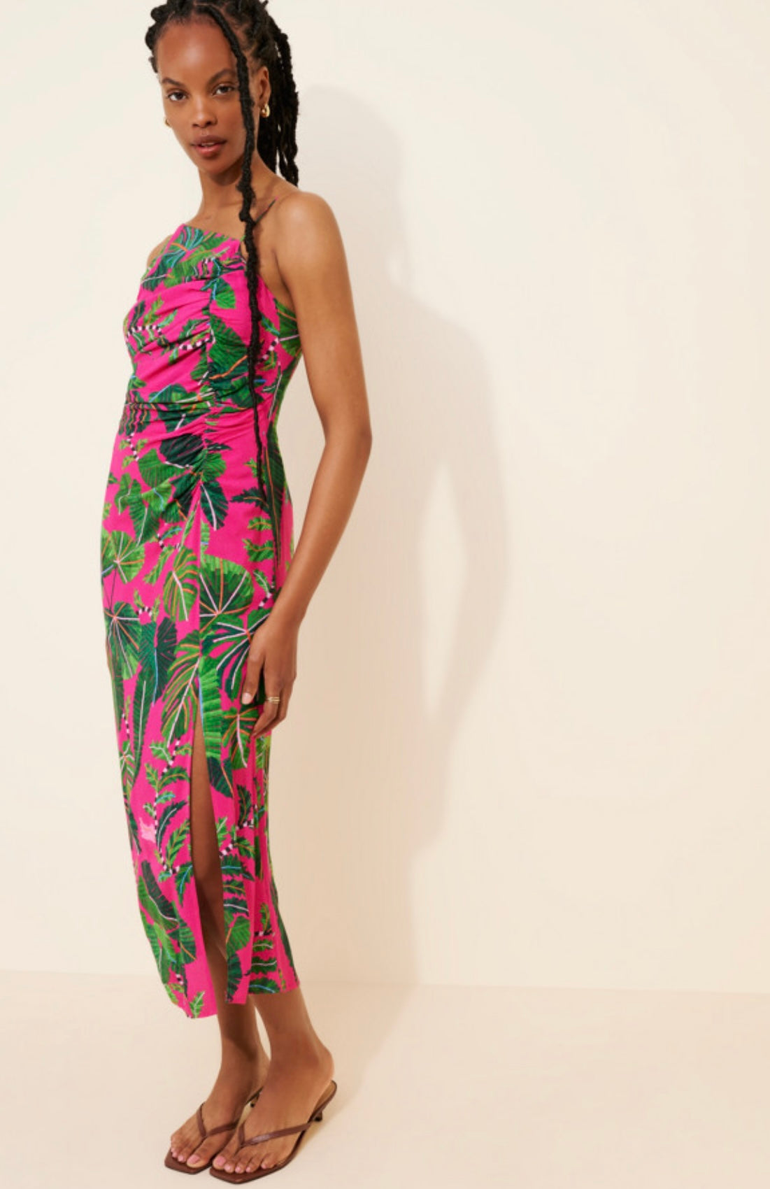 FARM RIO "Leaves Midi Dress in Hot Pink/Green" (Size S)