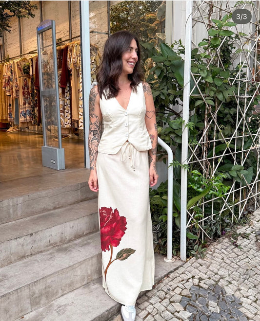 FARM RIO Linen Blend Rose Midi Skirt in Cream (Size S)
