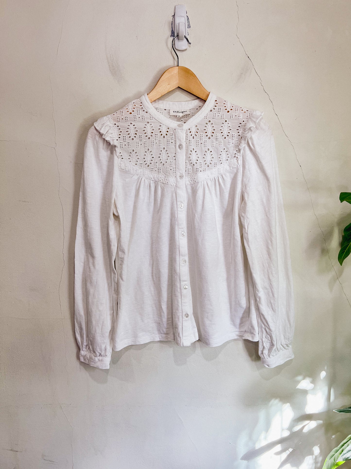 Thought Eyelet Ruffle Long Sleeve Top in White (Size 10)