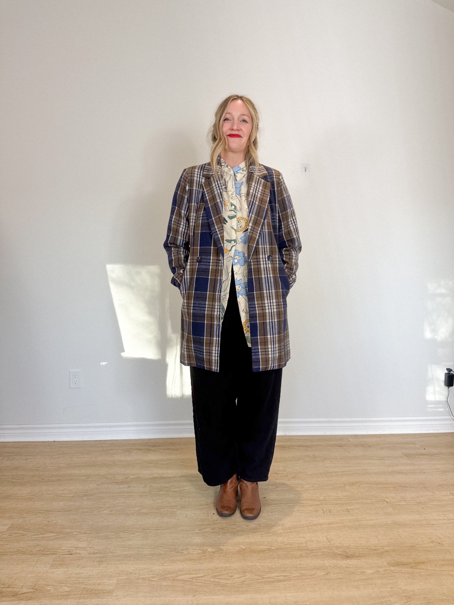 ICHI Plaid Coat in Navy/Brown (Size M/L)