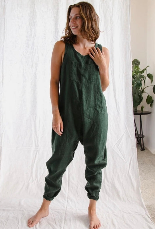 Cedar & Vine Slow Fashion Crossback Linen Dungaree Overalls in GREY (Size S)