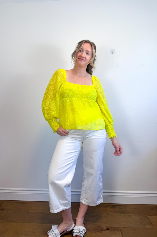 Alice & Olivia Eyelet Puff Sleeve Blouse in Neon Yellow (Size M)