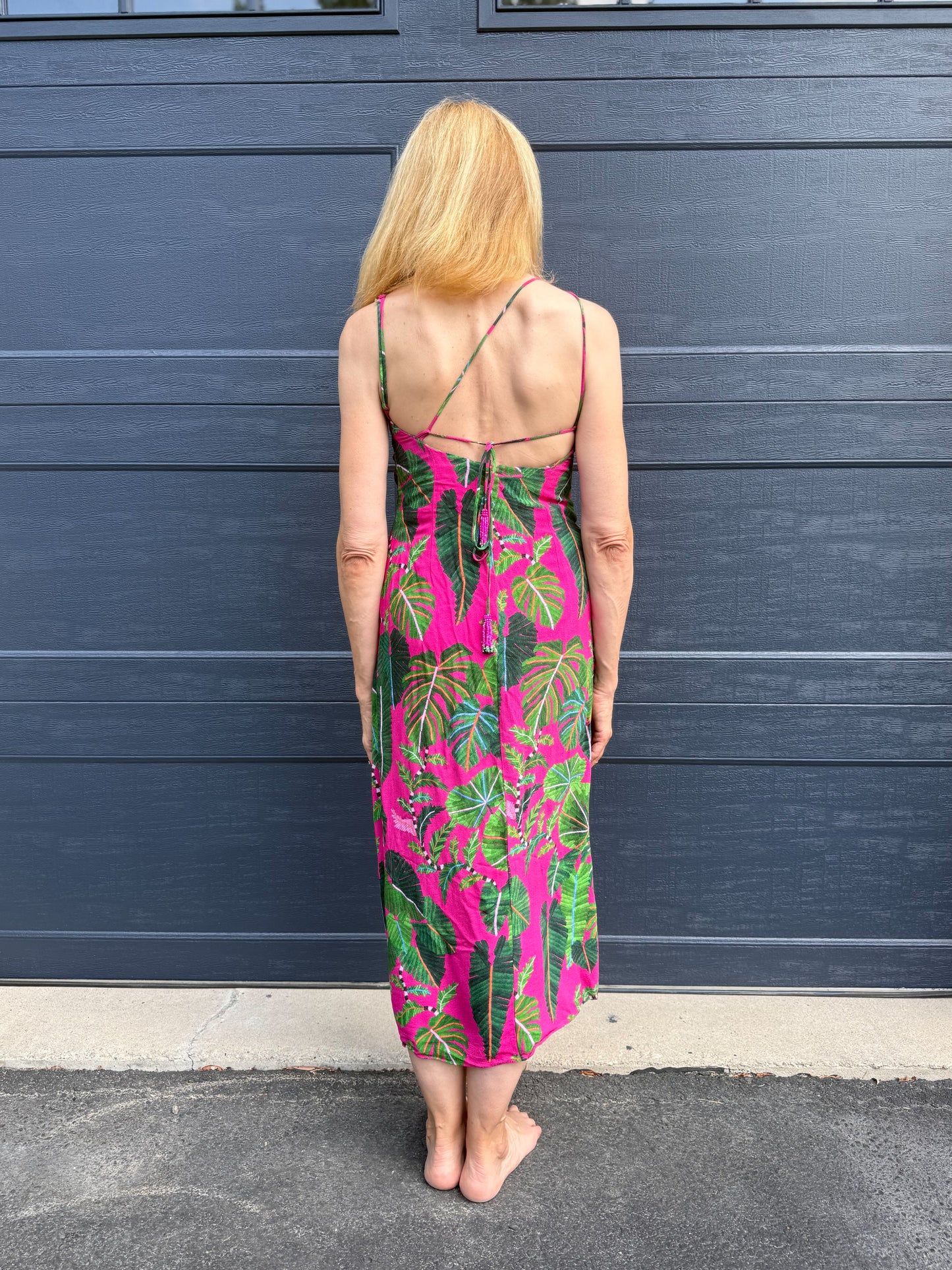 FARM RIO "Leaves Midi Dress in Hot Pink/Green" (Size S)