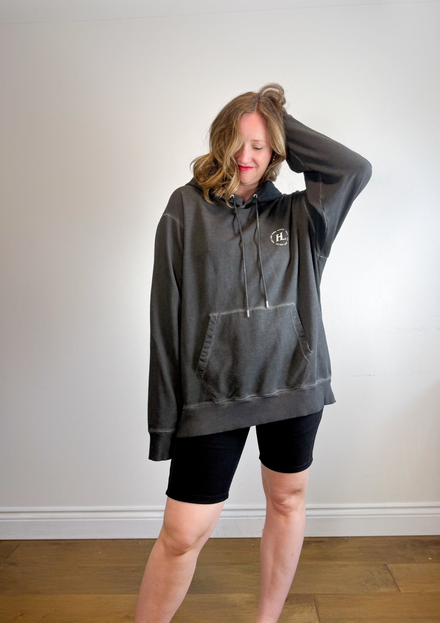 HELMUT LANG Designer Logo Hoodie Sweatshirt in Grey (Size XXL)