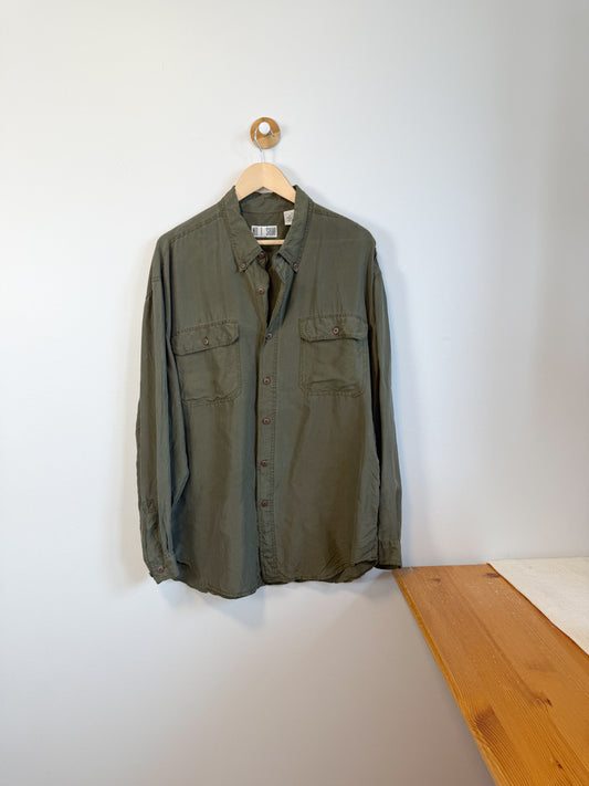 Vintage Silk Blouse in Dark Khaki Green (Size XL)