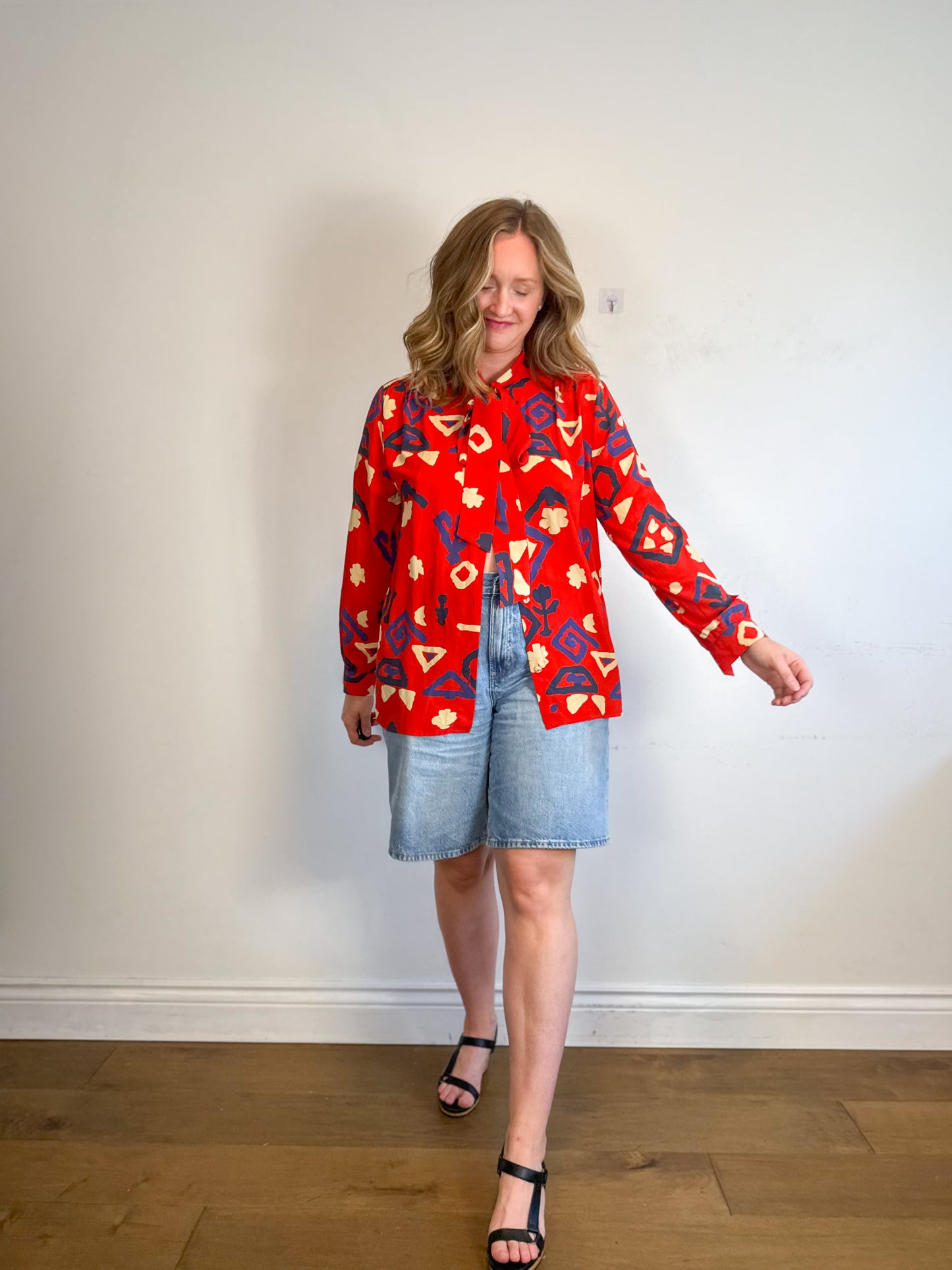 Vintage France Silk Blend Patterned Blouse (Size L/XL)