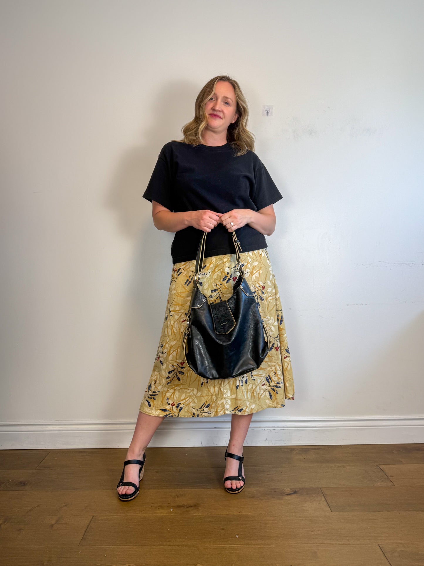 Vintage Liz Linen Floral Midi Skirt (Size L)