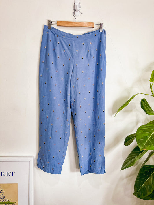 Vintage Blue Embroidered Silk & Linen Trousers (Size M/L)