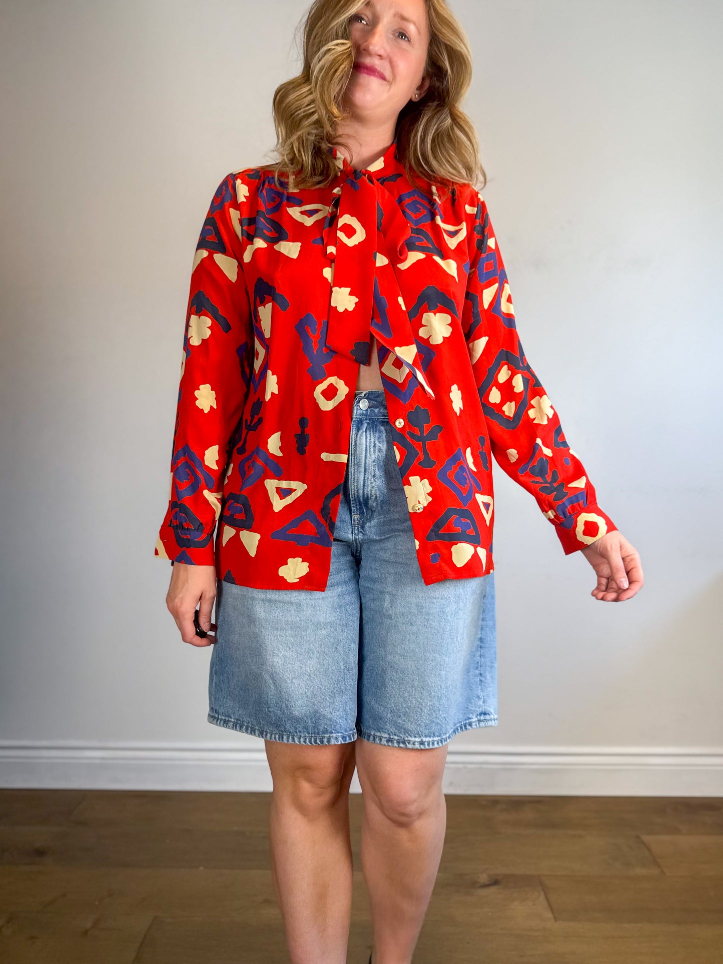 Vintage France Silk Blend Patterned Blouse (Size L/XL)