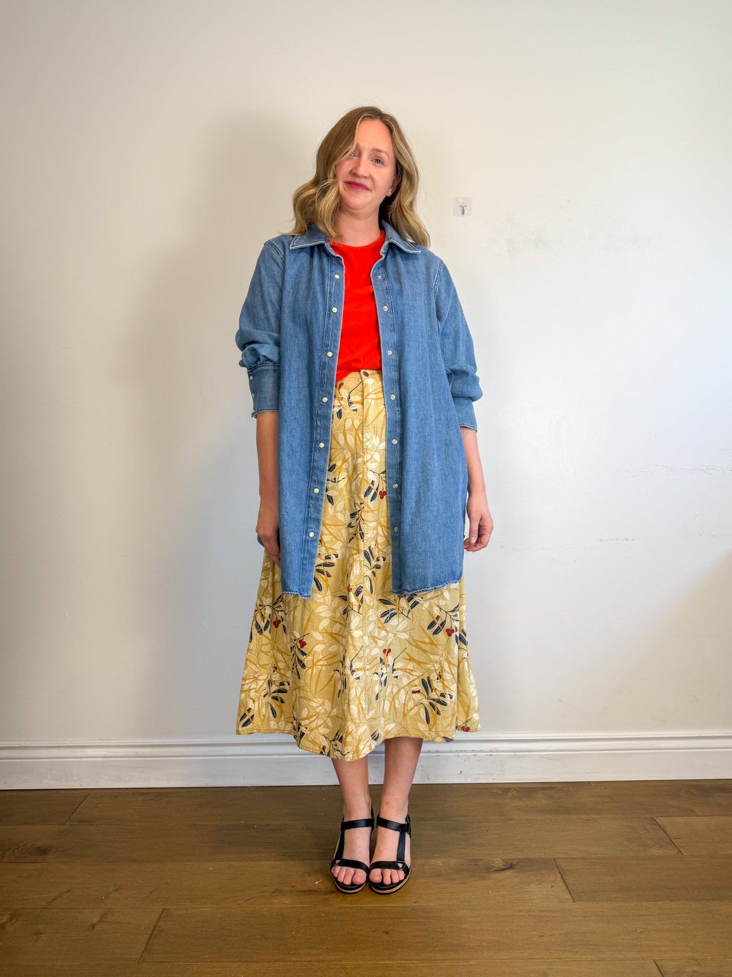 Vintage Liz Linen Floral Midi Skirt (Size L)