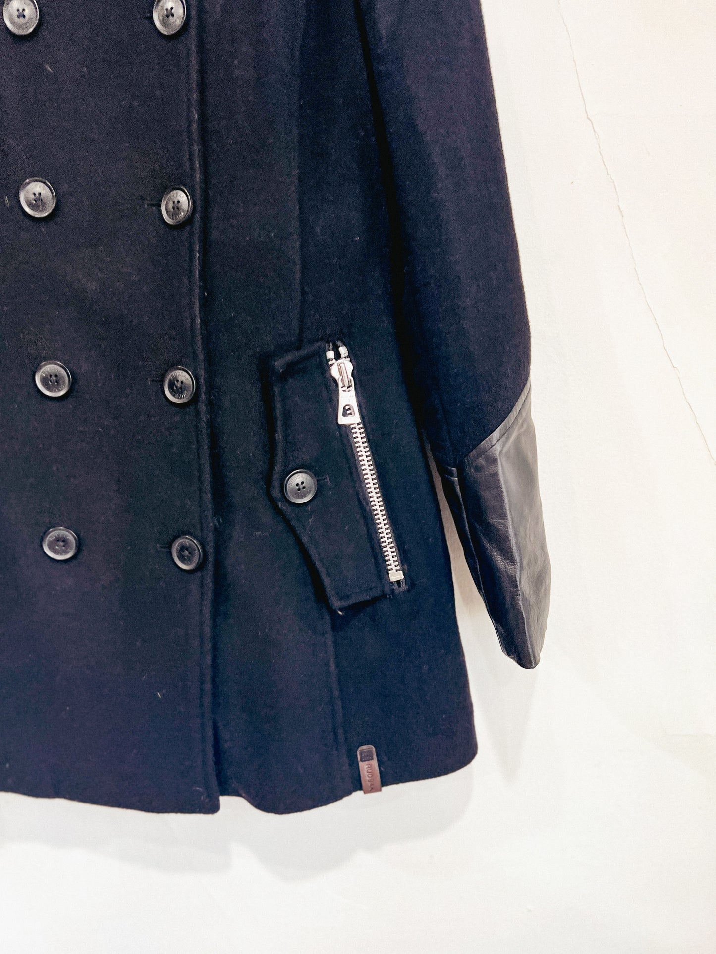 RUDSAK Black Wool & Leather Jacket with Pleated Back (Size S)